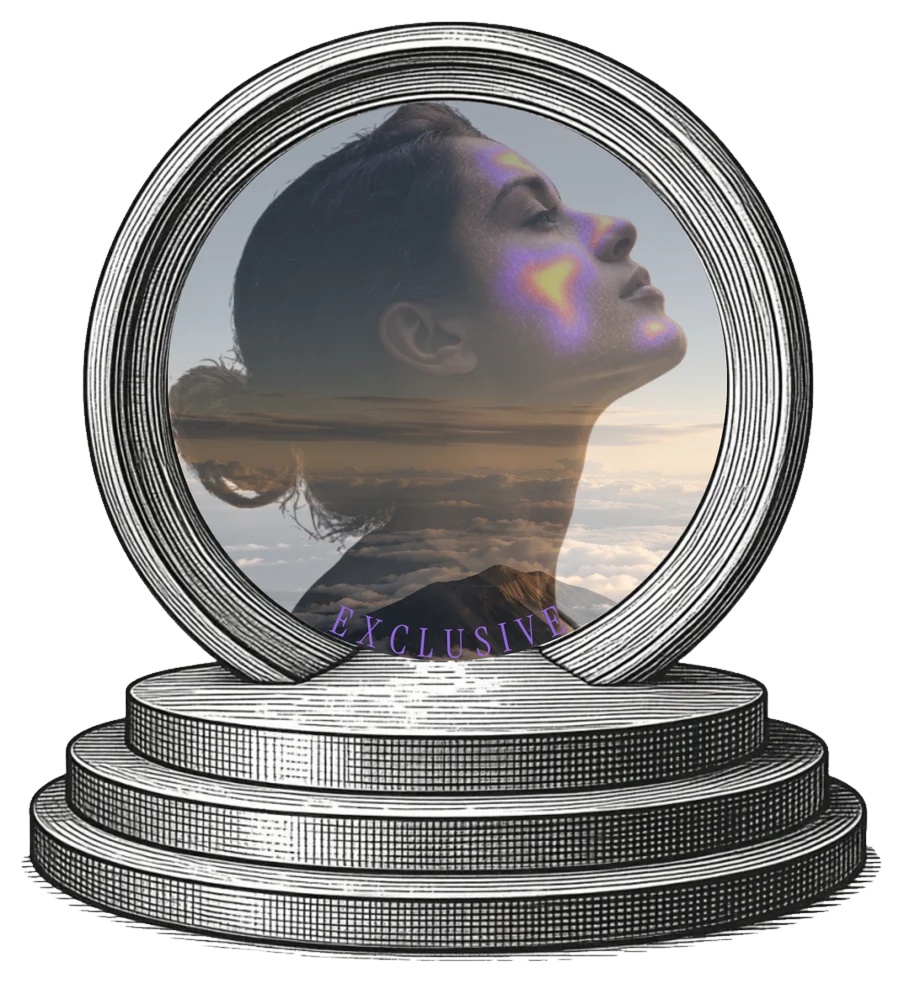 An engraved award medal on a tiered plinth, a face looking upward set into its face.