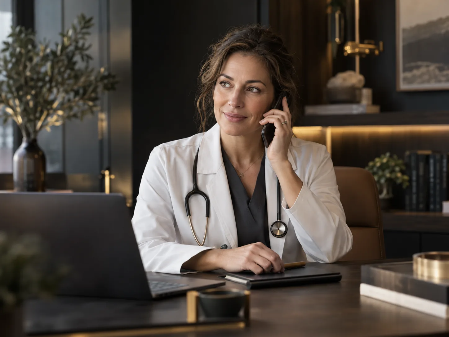 A clinician at her desk, on the phone.